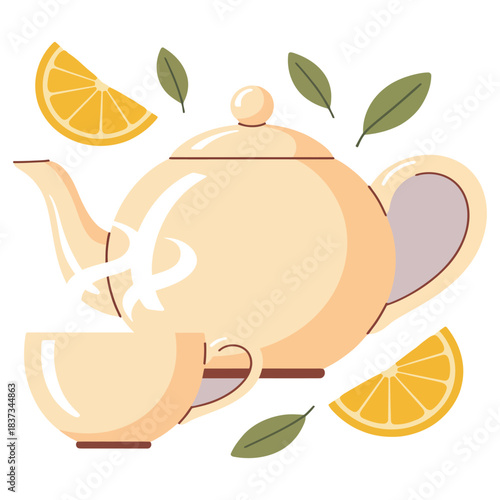 Teapot and teacup with lemon slices and green tea leaves