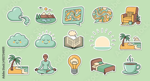 Whimsical cartoon stickers: nature, yoga, and relaxation in playful pastel colors