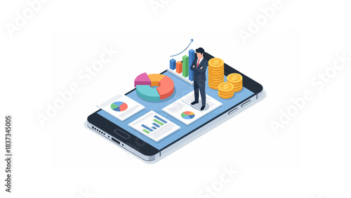 Businessman analyzing financial data on a smartphone with charts and coins