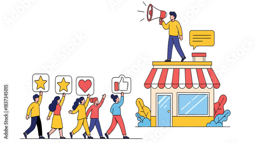 Engaged crowd holds positive feedback symbols approaching a storefront with a person announcing