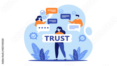 Person holding "TRUST" sign surrounded by people communicating in chat bubbles, representing connection and reliability.