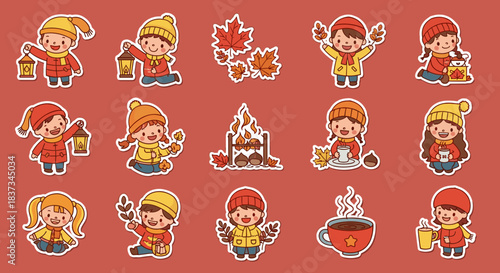 Autumn kids with cozy outfits, fall leaves, and warm drinks