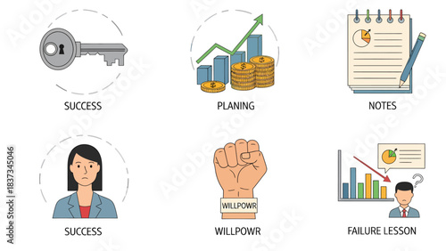 Collection of business and personal growth icons symbolizing success, planning, and challenges.