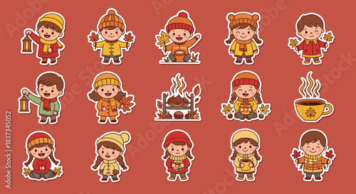 Autumn kids collection: adorable cartoons with fall leaves and cozy outfits