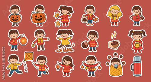 Cute autumn stickers featuring children enjoying fall activities with pumpkins and leaves