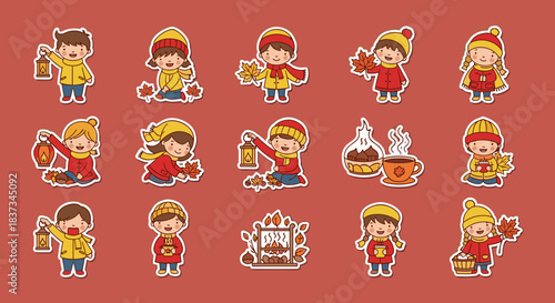 Autumn kids stickers: cute children, cozy clothes, falling leaves, hot drinks on red background