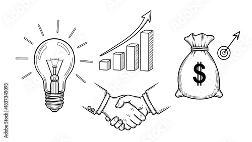 Handshake signifies successful business deal with bright idea and financial growth.