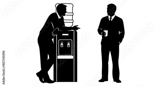 Colleagues in silhouette discussing ideas near a water cooler in a modern office