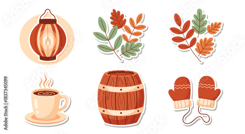 Cozy autumn elements with lantern, harvest leaves, and warm mittens
