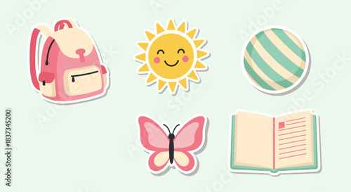 Colorful cartoon school set with backpack, sun, ball, butterfly, book