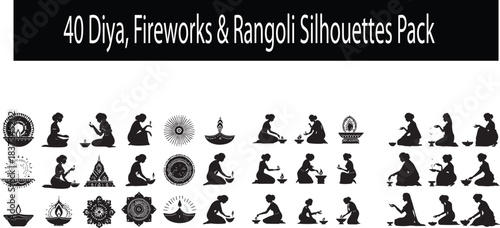 40 Diya, Fireworks & Rangoli Silhouettes Pack