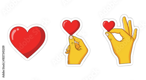 Vibrant cartoon heart icons with hands: expressive love symbols in a playful style