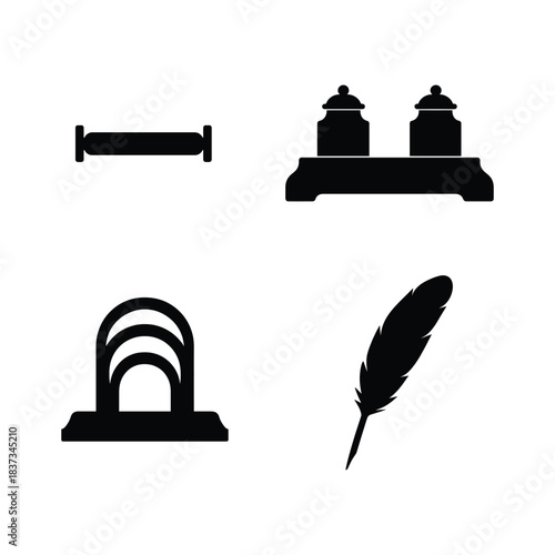 Vintage Writing Implements Silhouette Collection With Ink Pots Keywords: ink pot, inkwell, quill pen, roller