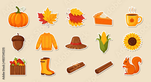 Colorful autumn stickers: pumpkins, leaves, and cozy fall elements