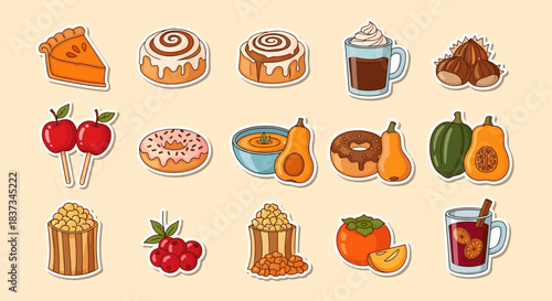 Autumn treats: cozy icons of seasonal desserts and beverages in sticker style