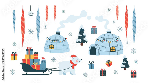 Winter Wonderland Celebration: A festive illustration of a charming winter scene, featuring cozy igloos, a polar bear with a gift, and a sled filled with presents.