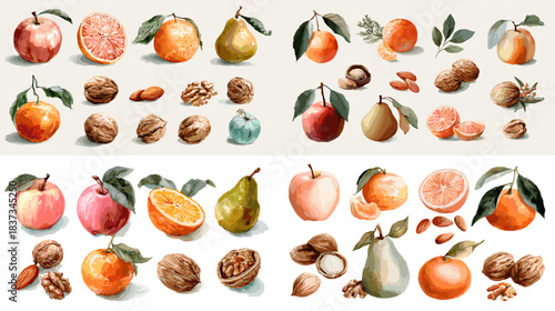 Watercolor illustration set featuring apples, pears, oranges, nuts, and leaves in warm natural tones. Ideal for food packaging, organic branding, recipe graphics, and botanical culinary artwork.