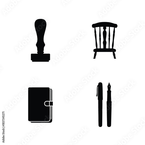 Silhouette icons of a stamp, chair, notebook, and pens on white background seal ink stamp