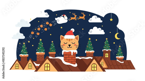 Christmas Kitty in Festive Scene: A whimsical illustration depicts a cozy Christmas night, with a charming kitty in a Santa hat nestled in a chimney, surrounded by Christmas trees, falling snow.