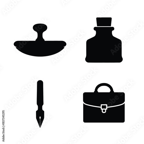 Vintage business and writing icons stamp inkwell pen briefcase Keywords: stamp, inkwell, pen, briefcase, vintage