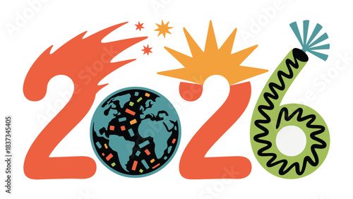 Visual Metaphor of 2026: An eye-catching illustration combines numeric figures with global and explosive elements, symbolizing a unique year.