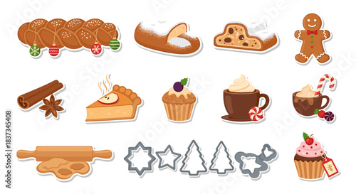 Festive bakery treats and baking tools for holiday celebration