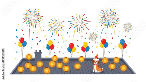 Festive Roof Celebration: A vibrant illustration showcasing a joyous celebration on a rooftop. Fireworks explode, balloons float, and lanterns cast a warm glow.