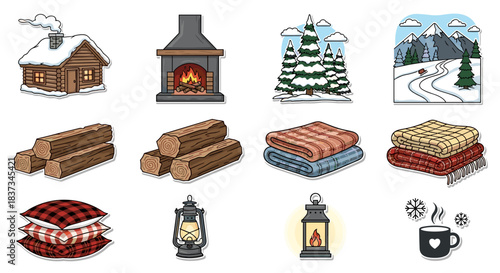 Cozy winter cabin essentials with snowy landscapes and warm interiors