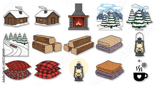 Cozy winter cabin elements with rustic fireplace and snowy scenery