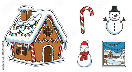 Festive holiday gingerbread house and snowman with candy cane decorations