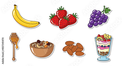 Colorful assorted fruits and nuts with honey and parfait in sticker style