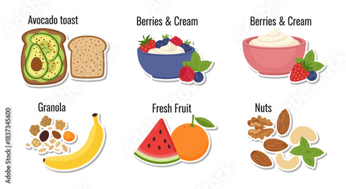 Healthy breakfast variety with fresh fruits and nuts