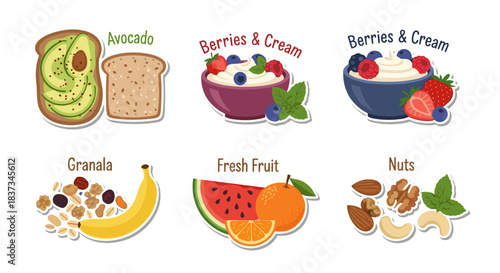 Healthy breakfast foods: avocado toast, berries with cream, and nut mix