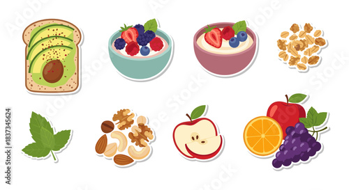 Healthy breakfast variety with fruits, nuts, and avocado toast in flat design