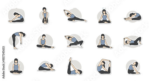 Collection of yoga poses stickers featuring female character in flat style