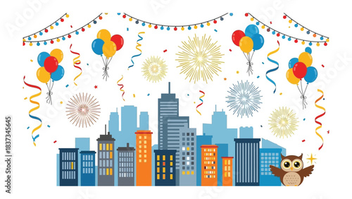 City Celebration: A vibrant cityscape backdrop to a festive atmosphere, embellished with colorful balloons, confetti, and fireworks against a cheerful mood. 
