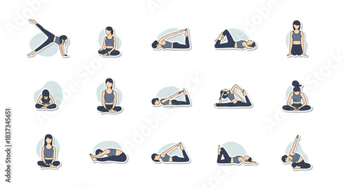 Yoga pose collection: diverse woman poses in minimalist flat style for wellness and fitness