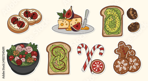 Charming stickers of toast, cheese, and holiday treats with a festive touch