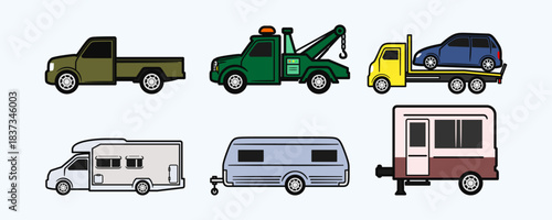 Collection of Flat Design Vehicles Trucks RVs and Trailers