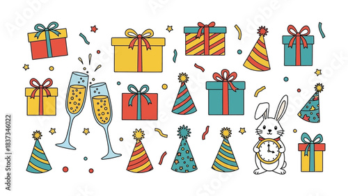 Festive Celebration with Gifts and Cheers: An array of colorful gift boxes, party hats, and sparkling champagne glasses come together to capture the joyous spirit of a festive event.