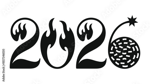 Year 2026: An expressive, illustrative visual composition of the year 2026, where the numbers are stylized, with a creative use of fire symbol and a bomb symbol to create an engaging visual narrative.
