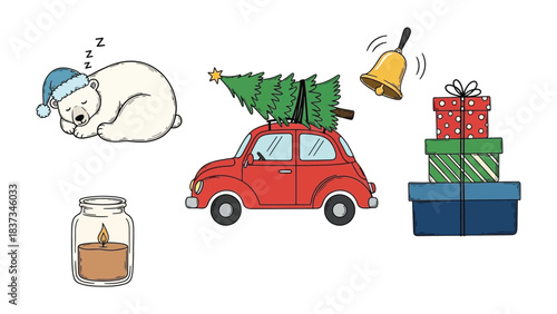 Holiday Cheer: A whimsical illustration evoking the joy of the holiday season, with a festive car carrying a Christmas tree, and presents galore. 