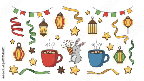 Festive Illustration: A charming assortment of party decorations, stars, lanterns, and other festive items, including a rabbit holding a party favor, adorn a colorful display.