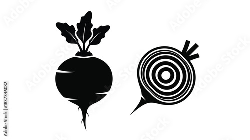 A simple black and white illustration depicting a beet and a sliced beet root