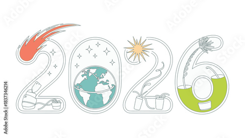 Vision for 2026: An optimistic and creative design showcasing the year 2026, filled with illustrations hinting at environmental and futuristic concepts.