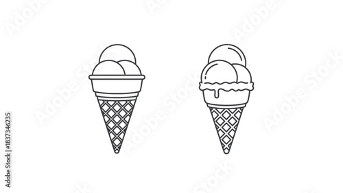 Two black and white line art illustrations of ice cream cones