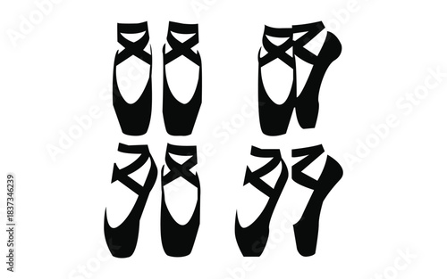 Four pairs of black ballet pointe shoes on a white background