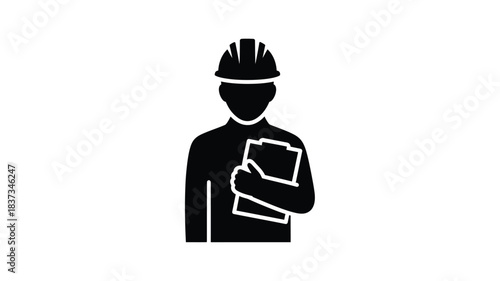 A black silhouette of a construction worker with a helmet and clipboard