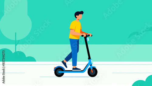 Young man riding an electric scooter in a park on a sunny day  