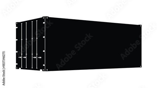 A stark black shipping container isolated on a clean white background